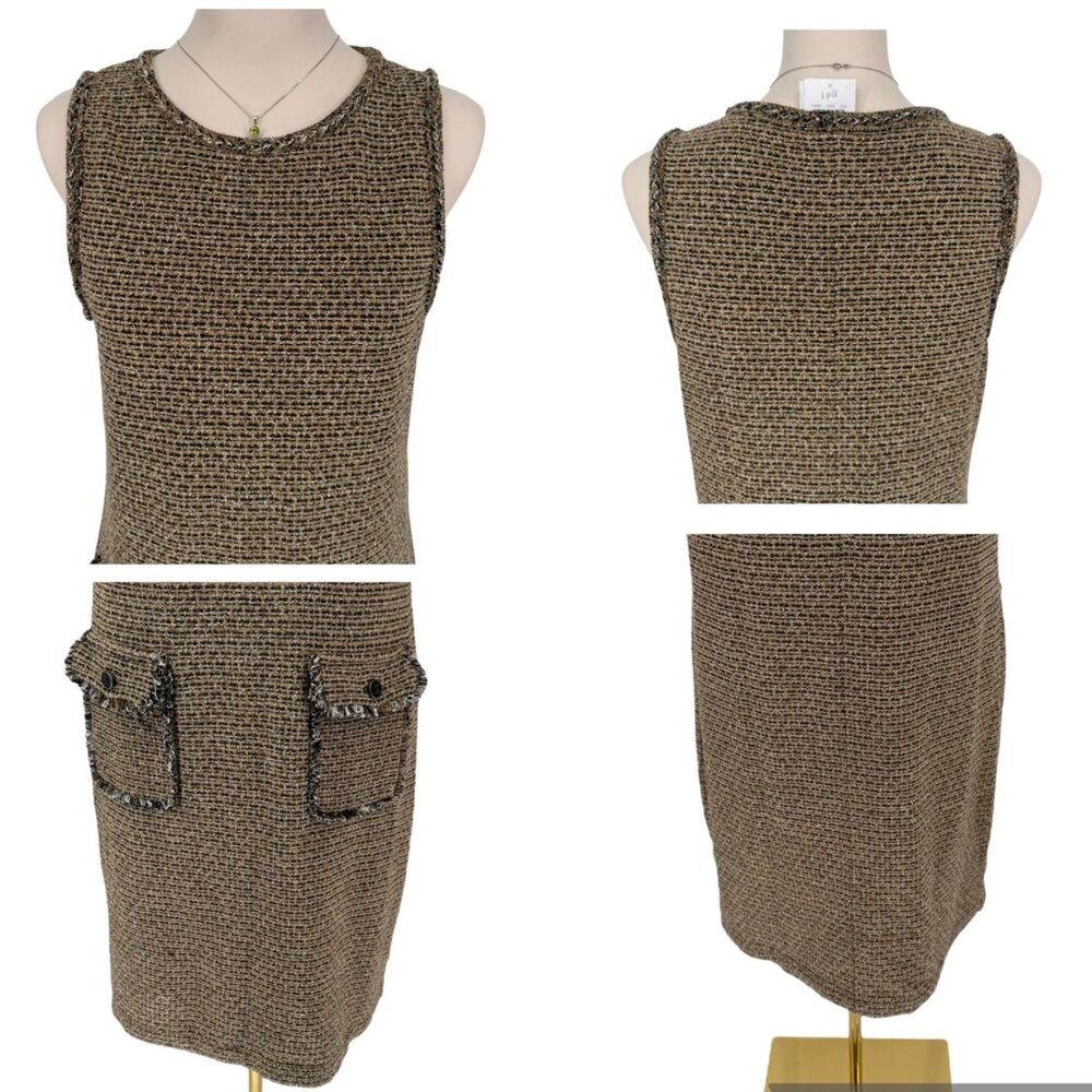 J Jill Tweed Shift Dress SP Brown Sleeveless Boucle Fringe Pockets Knit Career - Picture 4 of 9